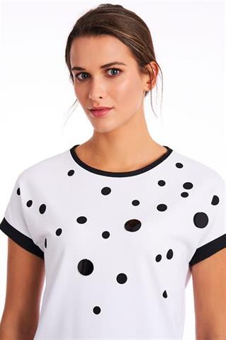 Biały t-shirt z czarną lamówką i groszkami 58082 - 216111
