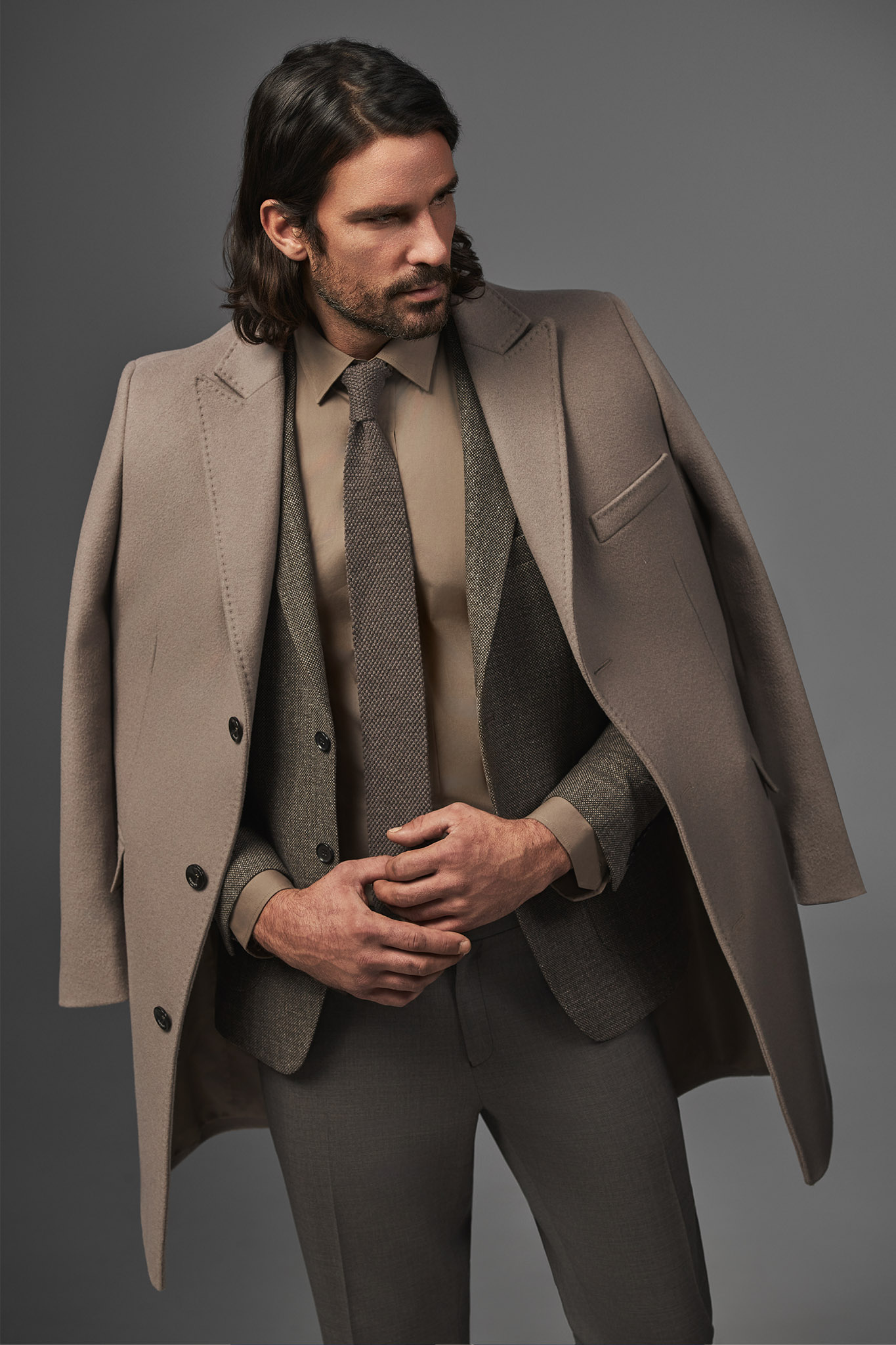 Beżowo-szary płaszcz męski z wełną i kaszmirem 20072