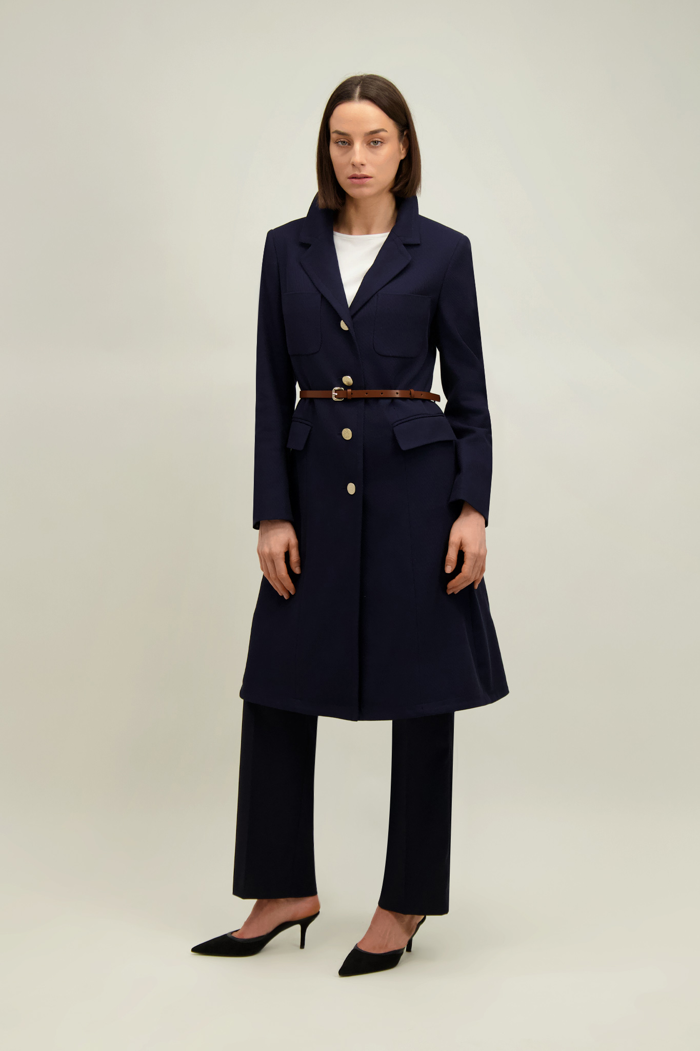 Granatowy płaszcz damski z bawełną 87584